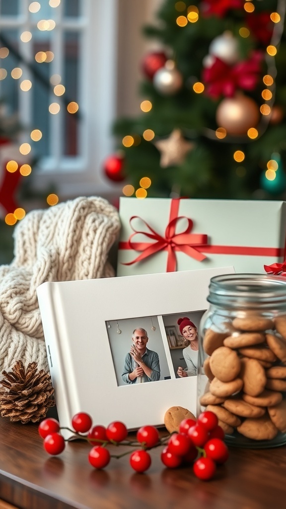 A collection of homemade Christmas gifts including a scarf, photo album, and cookies, set against a festive backdrop.